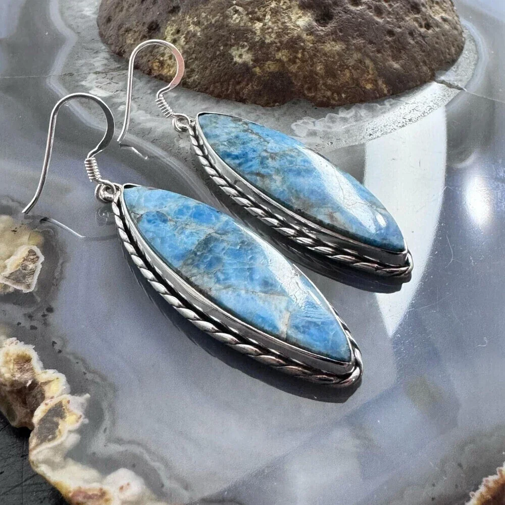 Sterling SW Style Elongated Marquise Blue Apatite Dangle Earrings For Women